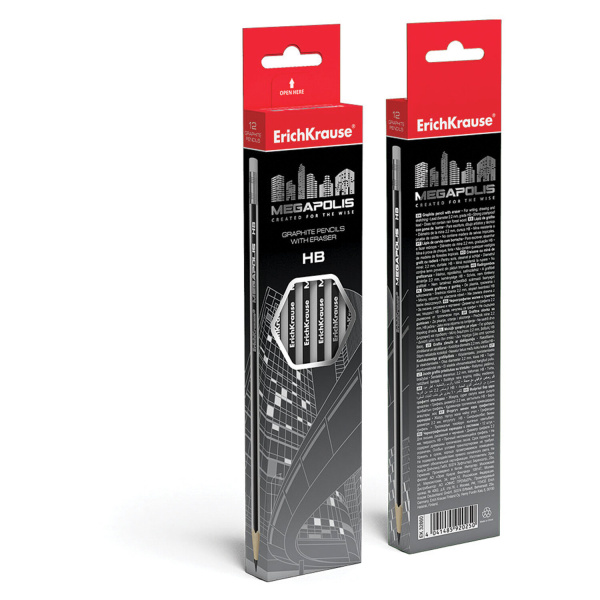 Карандаш чернографитный ERICH KRAUSE, 1 шт., "Megapolis", HB, с ластиком, корпус серебристый, заточенный, 32860 - Карандаши чернографитные