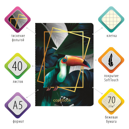 Тетрадь 40 л. в клетку обложка SoftTouch, фольга, бежевая бум. 70 г/м2, сшивка, А5 (147х210 мм), ТУКАН, BRAUBERG, 403775 - Тетради 40-48 листов