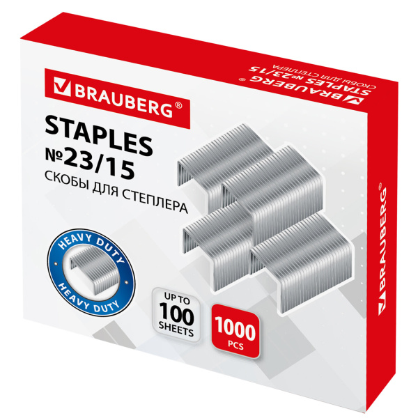 Скобы для степлера №23/15, 1000 штук, BRAUBERG, от 40 до 100 листов, 227716 - Скобы для степлеров