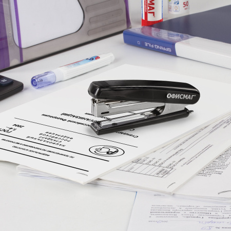 Степлер №10 ОФИСМАГ, до 12 листов, с антистеплером, черный, 229690 - Степлеры настольные