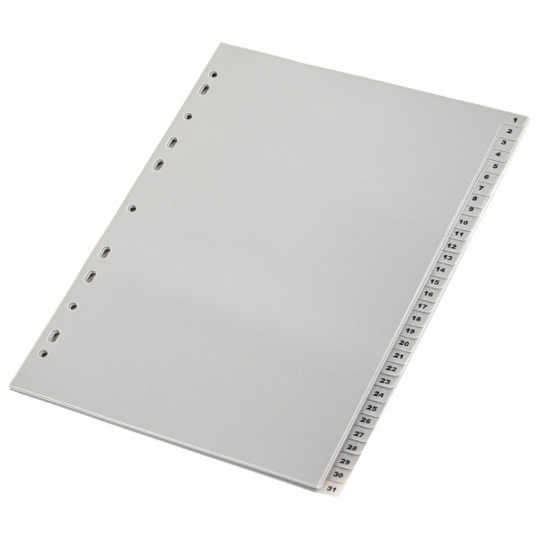 Разделитель пластиковый BRAUBERG, А4, 31 лист, цифровой 1-31, оглавление, серый, РОССИЯ, 225598 - Разделители