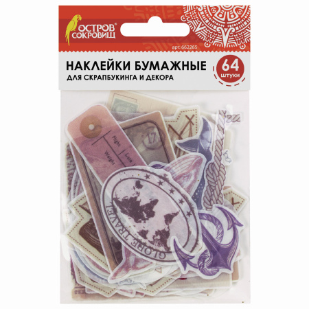 Наклейки для скрапбукинга ПУТЕШЕСТВИЕ из washi-бумаги, 64 штуки, 32 дизайна, ОСТРОВ СОКРОВИЩ, 662265 - Наклейки для творчества