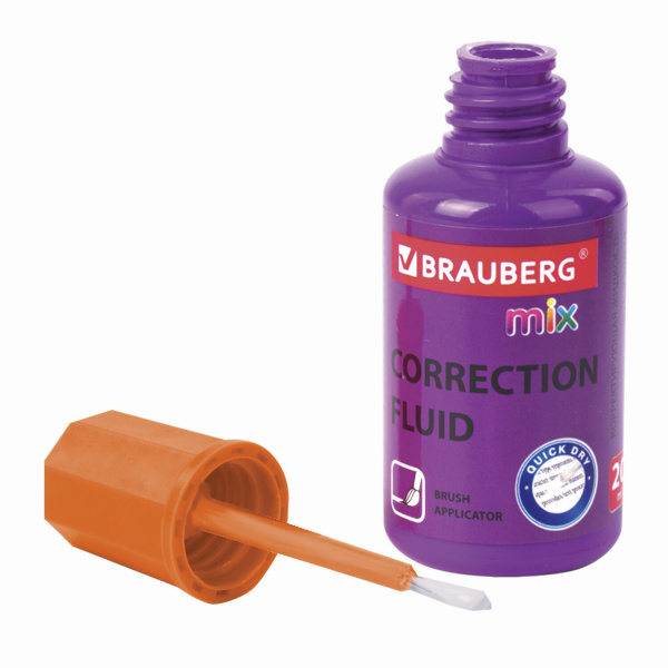 Корректирующая жидкость BRAUBERG MIX, быстросохнущая, 20 мл, с кисточкой, ассорти, 1 шт, 229074 - Корректирующие жидкости