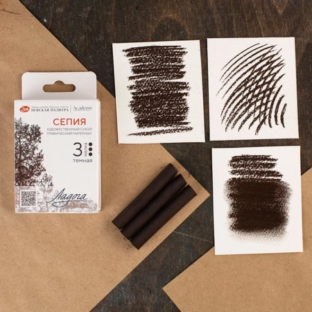 Набор сухих художественных графических материалов "Ладога": сепия тёмная 3 мелка - Мел, графит, сепия, сангина, соус, уголь художественные