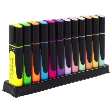 Набор текстовыделителей 12 ЦВЕТОВ на подставке, BRAUBERG "EXTRA", прорезиненный корпус, линия 1-5 мм, 151758 - Текстовыделители