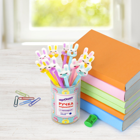 Ручка с топпером шариковая ЮНЛАНДИЯ "Зайка-пончик", корпус ассорти, СИНЯЯ, пишущий узел 0,7 мм, 143802 - Ручки фигурные