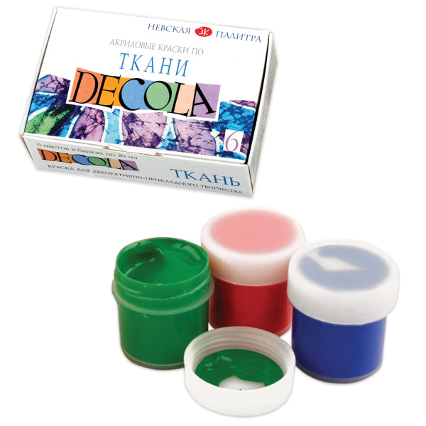 Краски по ткани акриловые 6 цветов по 20 мл в баночках Decola - Краски по ткани в наборах