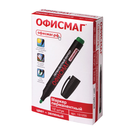 Маркер перманентный ОФИСМАГ, ЗЕЛЕНЫЙ, круглый наконечник, 3 мм, с клипом, 151200 - Маркеры перманентные