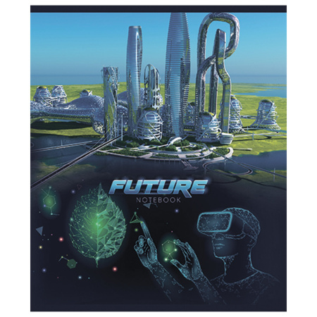 Тетрадь А5, 48 л., ПЗБМ, скоба, клетка, ламинация, фольга, выборочный лак, "Города будущего" (5 видов), 029623 - Тетради 40-48 листов