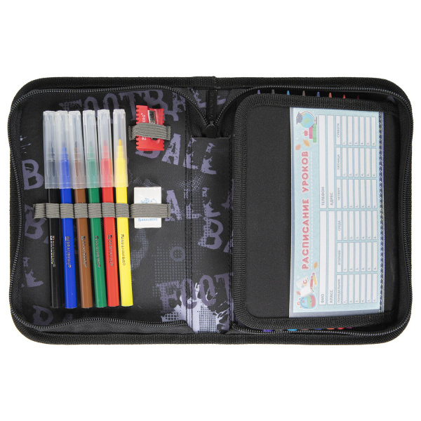 Пенал BRAUBERG с наполнением, 1 отделение, 1 откидная планка, 24 предмета, 21х14 см, "Fireball", 270723 - Пеналы с наполнением