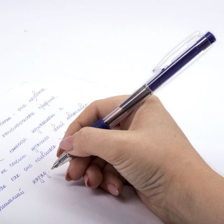 Ручка шариковая автоматическая с грипом ОФИСМАГ, СИНЯЯ, корпус прозрачный, узел 0,7 мм, линия письма 0,35 мм, 141294 - Ручки шариковые автоматические