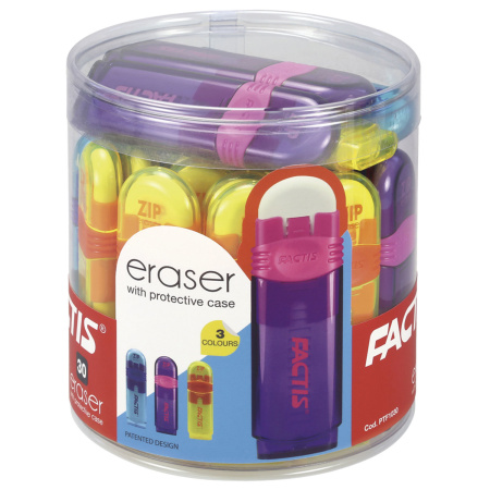 Ластик выдвижной FACTIS ZIP (Испания), 80x10x10 мм, белый, пластиковый корпус ассорти, PTF1030 - Ластики классические