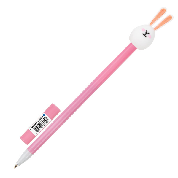 Ручка с топпером шариковая ЮНЛАНДИЯ "Ушастый зайка", корпус ассорти, СИНЯЯ, пишущий узел 0,7 мм, 143782 - Ручки фигурные