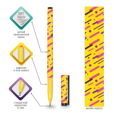 Ручка шариковая BRAUBERG SOFT TOUCH GRIP "LINES", СИНЯЯ, мягкое покрытие, узел 0,7 мм, 143724 - Ручки шариковые неавтоматические