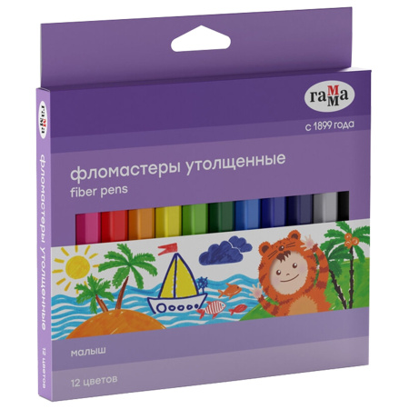 Фломастеры утолщенные ГАММА "Малыш", 12 цветов, смываемые, шестигранные, картонная упаковка, европодвес, 180319_01 - Фломастеры классические