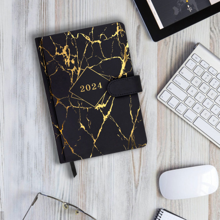 Ежедневник датированный 2024 А5 138x213 мм BRAUBERG "Goldy", под кожу, цветной срез, черный, 114979 - Ежедневники с покрытием "под кожу и ткань"