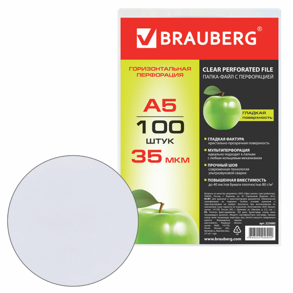 Папки-файлы МАЛОГО ФОРМАТА (148х210 мм), А5, ГОРИЗОНТАЛЬНЫЕ, КОМПЛЕКТ 100 шт., 35 мкм, BRAUBERG, 223085 - Папки перфорированные