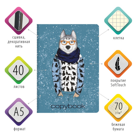 Тетрадь 40 л. в клетку обложка SoftTouch, бежевая бумага 70 г/м2, сшивка, А5 (147х210 мм), ВОЛК В ОЧКАХ, BRAUBERG, 403767 - Тетради 40-48 листов