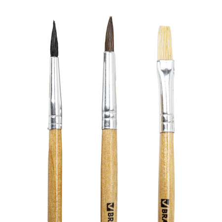 Кисти BRAUBERG, набор 3 шт. (белка, круглая № 3; пони, круглая № 4; щетина, плоская № 6), блистер, 200224 - Кисти для рисования