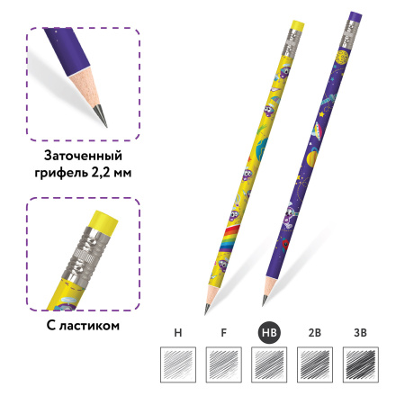 Карандаш чернографитный ЮНЛАНДИЯ "ЮНЛАНДИК", 1 шт., HB, с ластиком, корпус ассорти, 181752 - Карандаши чернографитные