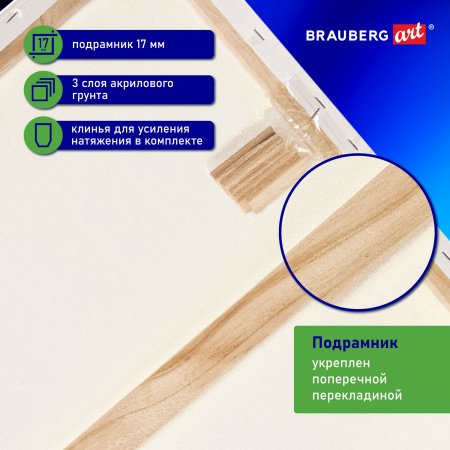 Холст на подрамнике BRAUBERG ART CLASSIC, 60х80 см, 420 г/м2, 45% хлопок 55% лен, среднее зерно, 191660 - Холсты