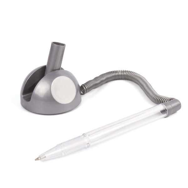 Ручка шариковая настольная BRAUBERG "Стенд-Пен", СИНЯЯ, пружинка, корпус серебристый, линия письма 0,5 мм, 142164 - Ручки шариковые на подставке