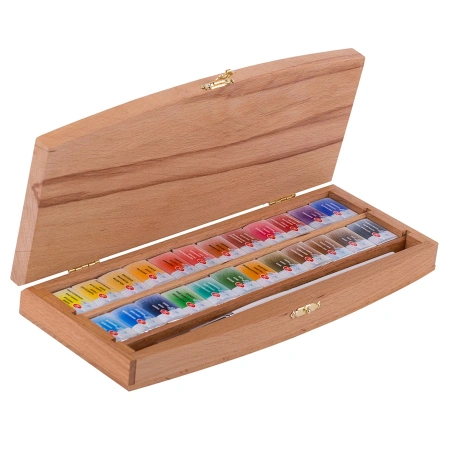 Набор акварельных художественных красок "Белые Ночи" 24 кюветы по 2,5 мл в пенале из бука с кистью