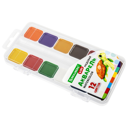 Краски акварельные BRAUBERG KIDS, медовые, 12 цветов, квадратные кюветы, пластиковый пенал, 192282 - Краски для детского творчества