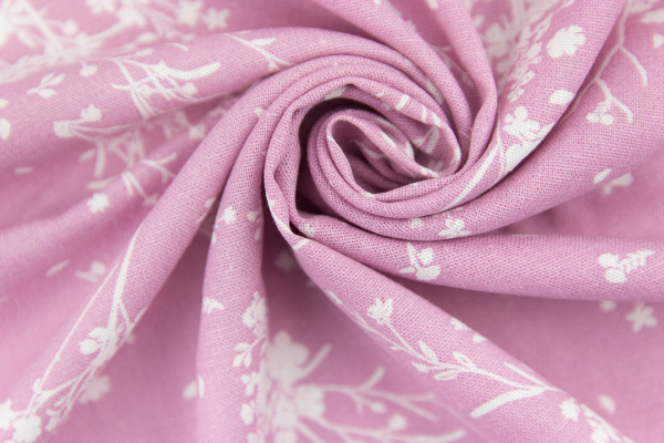 Ткань для рукоделия - лен, цветы на розово-сиреневом 33*65 см, плотность 220 г/м2 (Корея) - Ткань