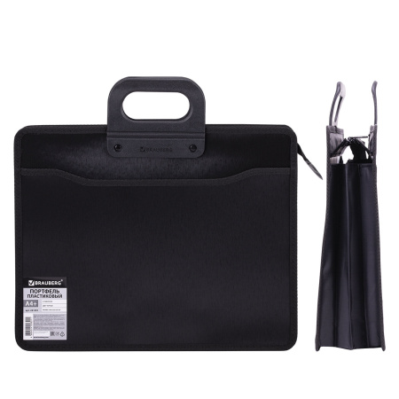 Папка-портфель пластиковая BRAUBERG А4+ (390х320х120 мм), 4 отделения, фактура под дерево, черная, 221391 - Портфели пластиковые