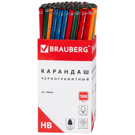 Карандаш чернографитный BRAUBERG, 1 шт., "Attitude", НВ, корпус ассорти, заточенный, 180660 - Карандаши чернографитные