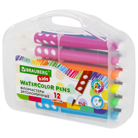 Фломастеры в суперкейсе эргономичные 12 цветов, вентилируемый колпачок, BRAUBERG KIDS, 152184 - Фломастеры классические