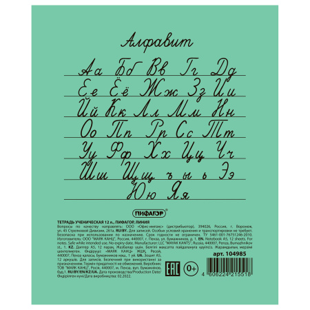 Тетрадь ЗЕЛЁНАЯ обложка 12 л., линия с полями, офсет №2 ЭКОНОМ, "ПИФАГОР", 104985 - Тетради 12-24 листов