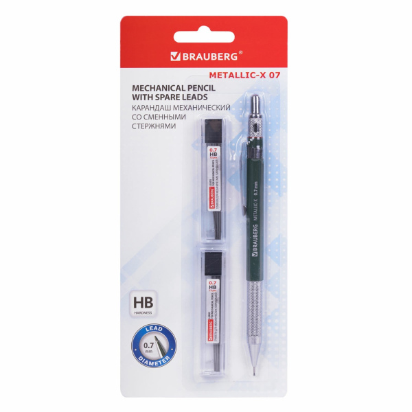 Карандаш механический 0,7 мм + грифели HB 24 штуки на блистере, BRAUBERG "METALLIC-X 07", металлические детали, 181966 - Карандаши механические