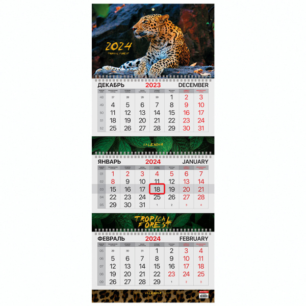 Календарь квартальный на 2024 г., 3 блока, 3 гребня, с бегунком, мелованная бумага, EXTRA, BRAUBERG, "Леопард", 115304