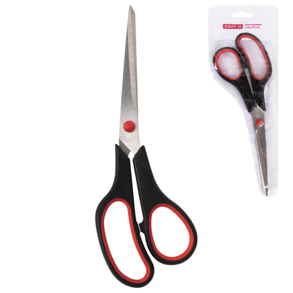 Ножницы STAFF EVERYDAY, 215 мм, бюджет, резиновые вставки, черно-красные, ПВХ чехол, 237500 - Ножницы универсальные