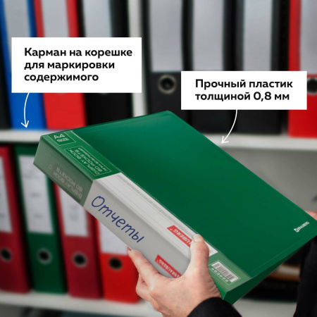 Папка 60 вкладышей BRAUBERG стандарт, зеленая, 0,8 мм, 228684 - Папки с вкладышами (файлами)