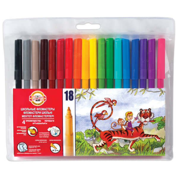 Фломастеры KOH-I-NOOR, 18 цветов, смываемые, трехгранные, пластиковая упаковка, европодвес, 771002AH04TERU - Фломастеры классические