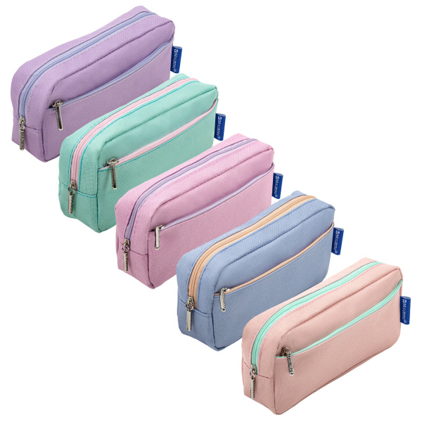 Пенал мягкий BRAUBERG, 2 отделения, ассорти 5 цветов, "Pastel", 21х9,5х5 см, дисплей, 271579 - Пеналы мягкие