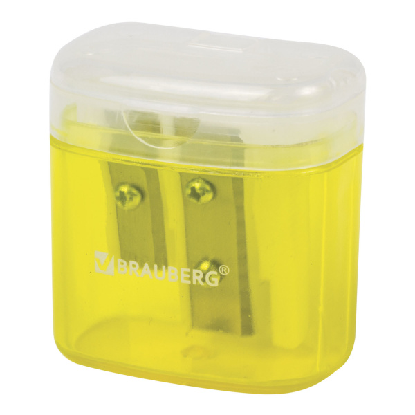 Точилка BRAUBERG "Chief", 2 отверстия для чернографитных и цветных карандашей, с контейнером, с крышкой, ассорти, 226942 - Точилки ручные