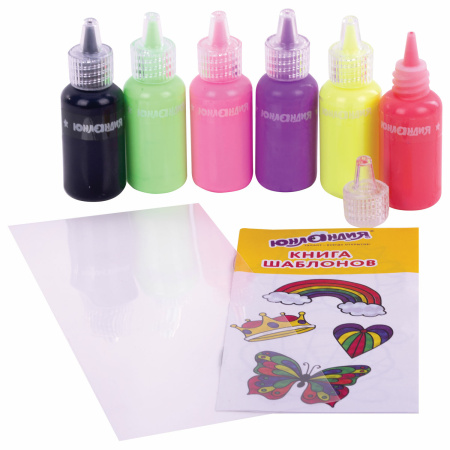 Краски витражные ЮНЛАНДИЯ "НЕОНЧИКИ", 5 цветов светящихся в темноте + 1 черный, 20 мл, шаблоны, 191760 - Декоративные и хобби краски