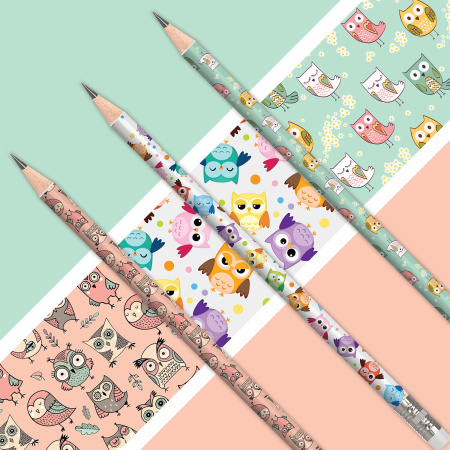 Карандаш чернографитный ЮНЛАНДИЯ "СОВУШКА", 1 шт., HB, с ластиком, корпус ассорти, 181772 - Карандаши чернографитные