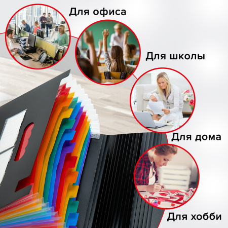 Папка-органайзер для бумаг и документов на резинке, 13 отделений, BRAUBERG DOCS, А4, черная, 271152 - Папки пластиковые с отделениями