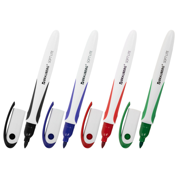 Маркеры стираемые для белой доски НАБОР 4 ЦВЕТА, BRAUBERG "SOFT LITE", 3 мм, резиновая вставка, 152107 - Маркеры для досок
