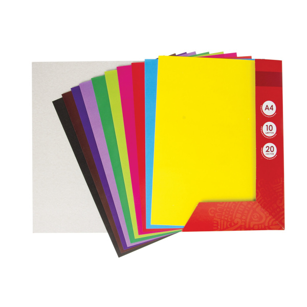 Цветная бумага, А4, мелованная (глянцевая), 20 листов 10 цветов, в папке, ОСТРОВ СОКРОВИЩ, 200х280 мм, 129554 - Цветная бумага