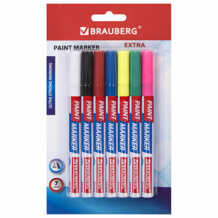 Маркер-краска лаковый EXTRA (paint marker) 2 мм, НАБОР 7 цветов, УСИЛЕННАЯ НИТРО-ОСНОВА, BRAUBERG, 151996 - Маркеры-краски лаковые