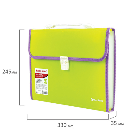 Папка-портфель пластиковая BRAUBERG "JOY", А4 (330х245х35 мм), 13 отделений, с окантовкой, салатовая, 227974 - Портфели пластиковые