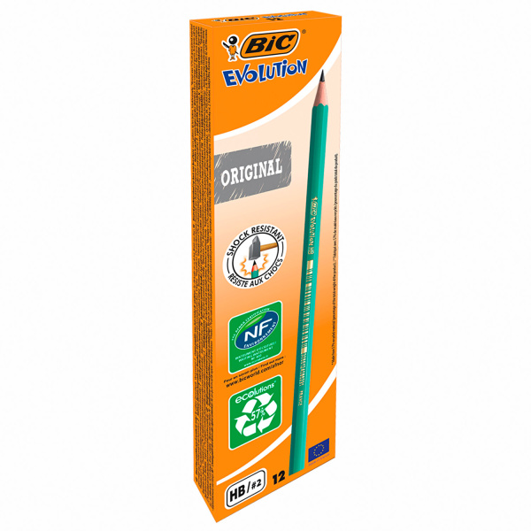 Карандаш чернографитный BIC, 1 шт., "Evolution", HB, без резинки, пластиковый, корпус зеленый, заточенный, 8803112 - Карандаши чернографитные