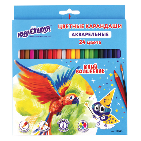 Карандаши цветные акварельные ЮНЛАНДИЯ "ЮНЫЙ ВОЛШЕБНИК", 24 цвета, шестигранные, заточенные, 181404 - Карандаши цветные акварельные