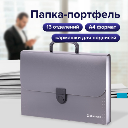 Папка-портфель пластиковая BRAUBERG "ПРОЕКТ", А4 (330х240х35 мм), 13 отделений, серый, РОССИЯ, 226027 - Портфели пластиковые